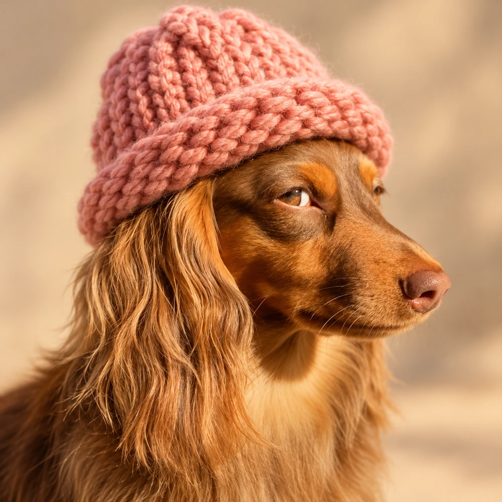 Odie, a brown long-haired dog giving a sideways glance in a chunky pink knitted hat